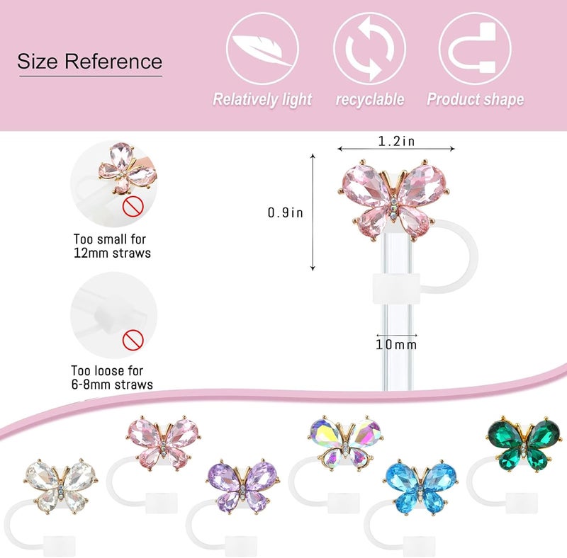 SEMATA 6PCS Cute Diamond Butterfly Straw Cover Cap for Stanley Cup Accessories,Bling Straw Toppers for Stanley Tumbler 40&30 oz,Reusable Straws Tips Protectors Compatible with 10mm Straws - Image 2